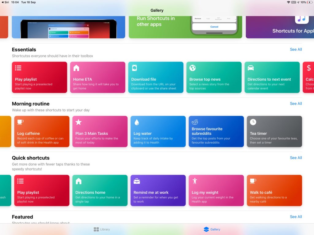Shortcuts Gallery on an iPad Pro